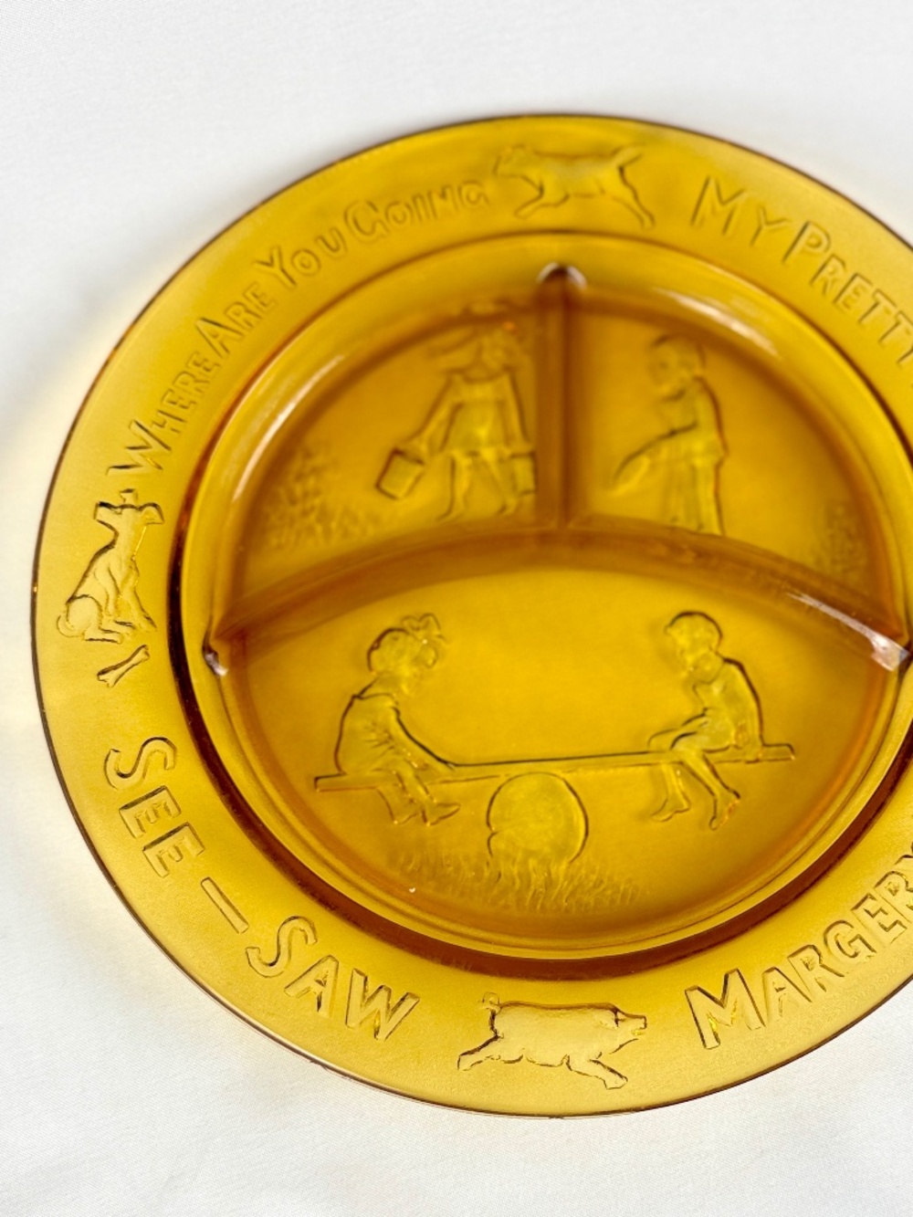 Vintage Amber Indiana Glass Nursery Plate See Saw Margery Daw Divided Childs